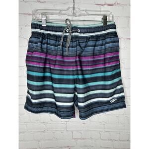 Speedo Grey Purple Teal Striped Swim Trunks Mens Medium